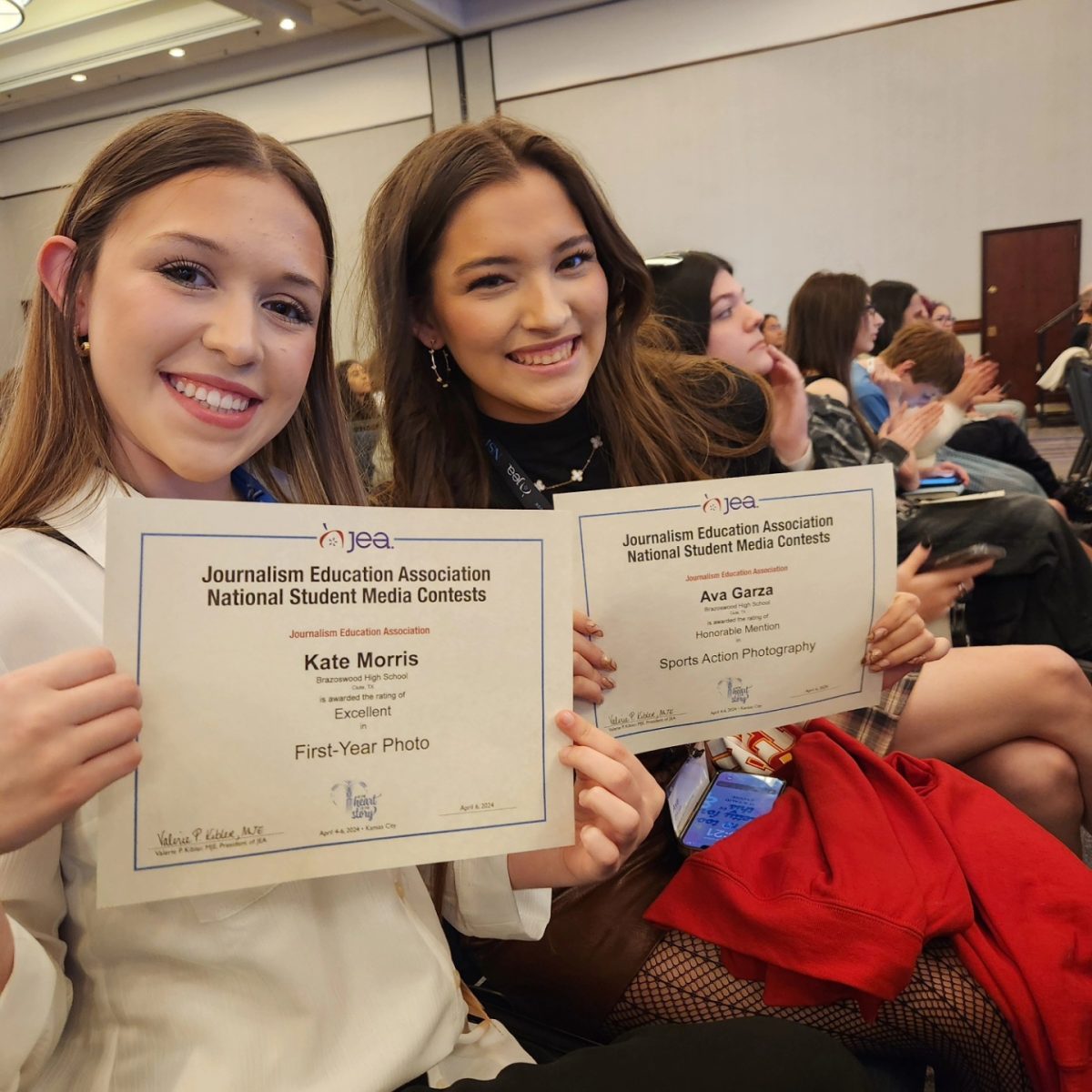 At the awards ceremony during the National High School Journalism Convention sophomore Kate Morris and senior Ava Garza received national recognition for their photography. 